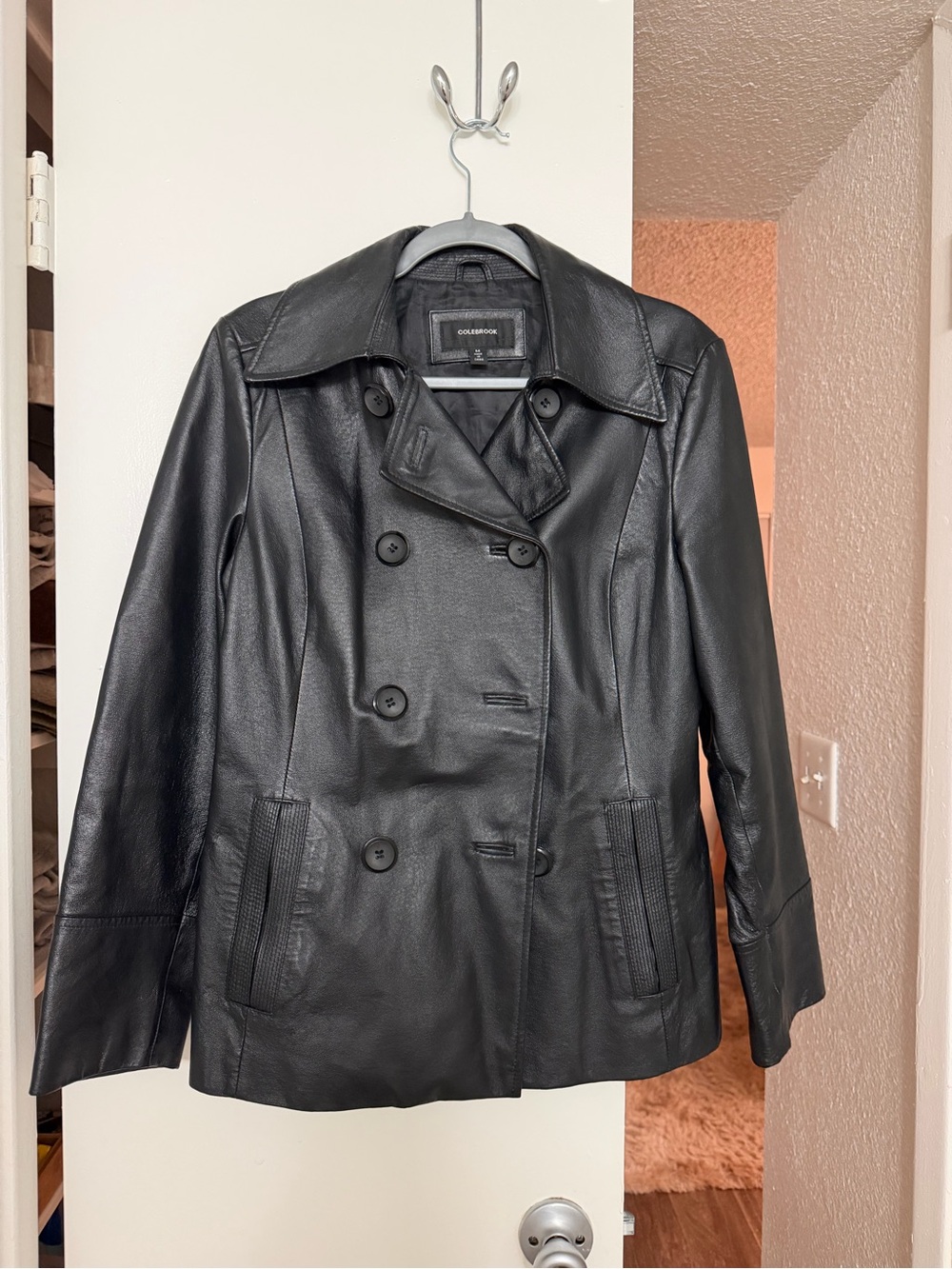 Cole took  Women's Black Leather Double-Breasted Coat